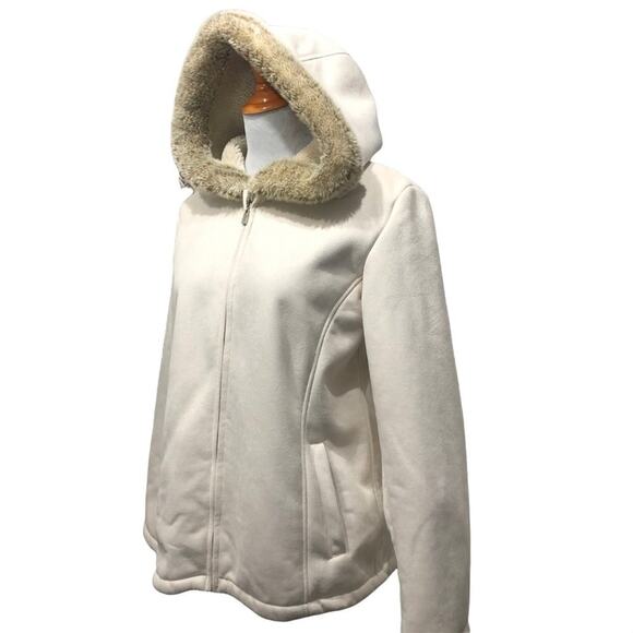 New York & Company Fur Hood Jacket Large Cream Polyester Acrylic blend - Picture 4 of 9